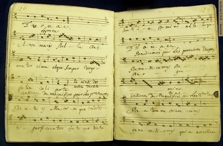 Pages tirées du recueil manuscrit d'hymnes et de motets notés