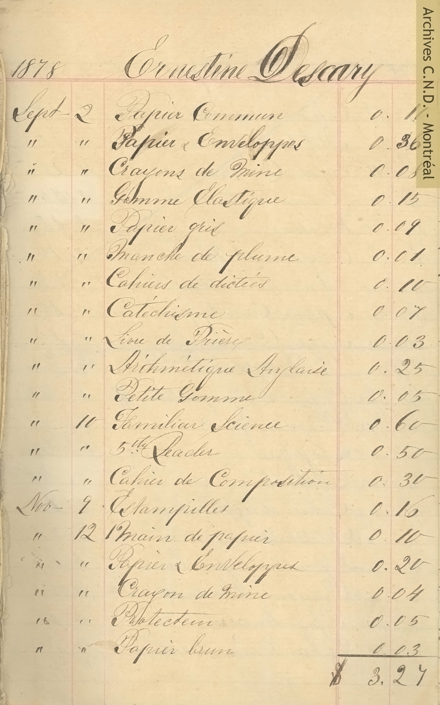 Page taken from an account book of a student at Mont Sainte-Marie for the purchase of school supplies
