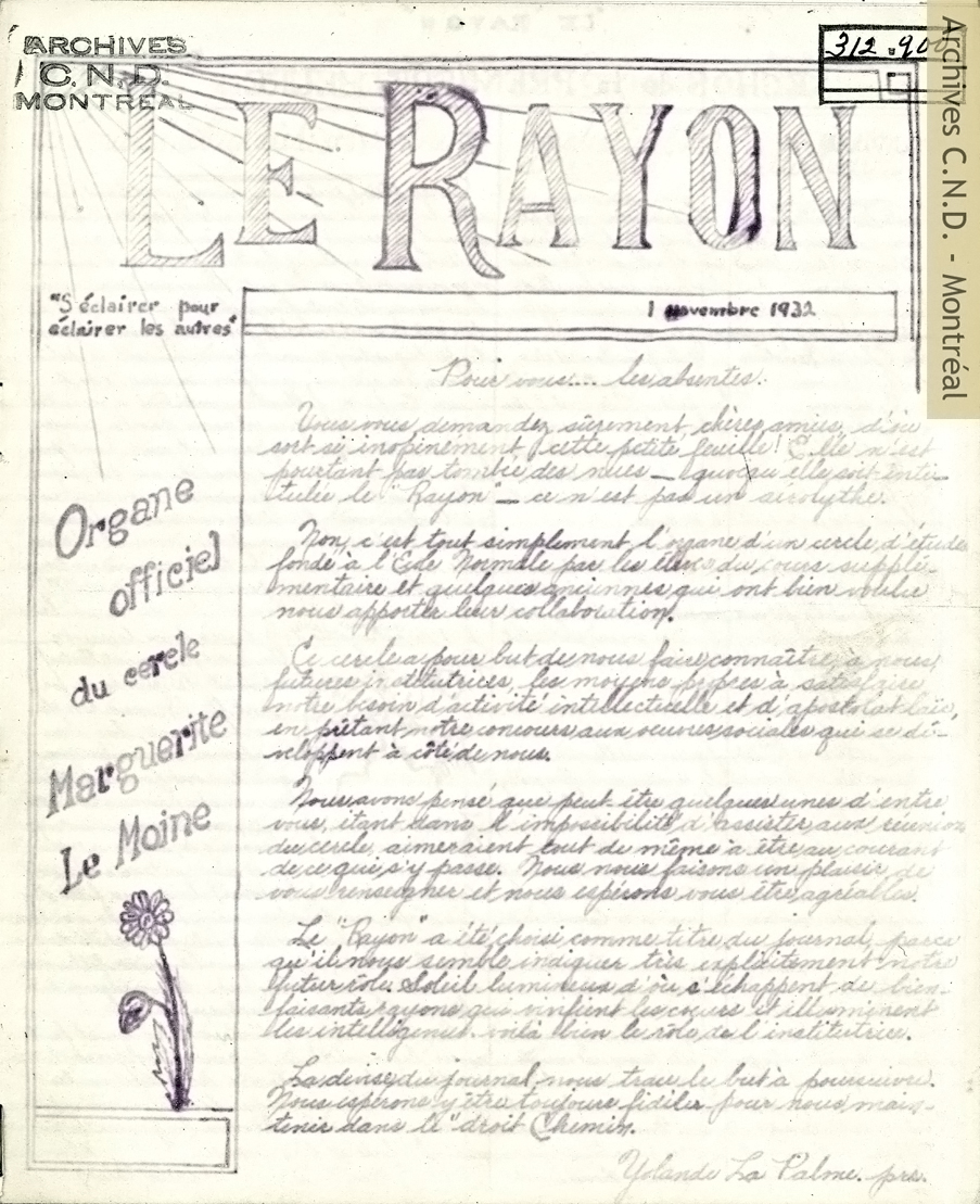 Première page de la première édition du journal du cercle d'études Marguerite-Lemoyne de l'École normale Jacques-Cartier intitulé «Le Rayon»