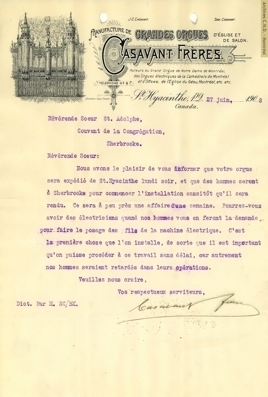 Lettre des frères Casavant concernant l'expédition de l'orgue commandé pour la chapelle du collège Mont Notre-Dame