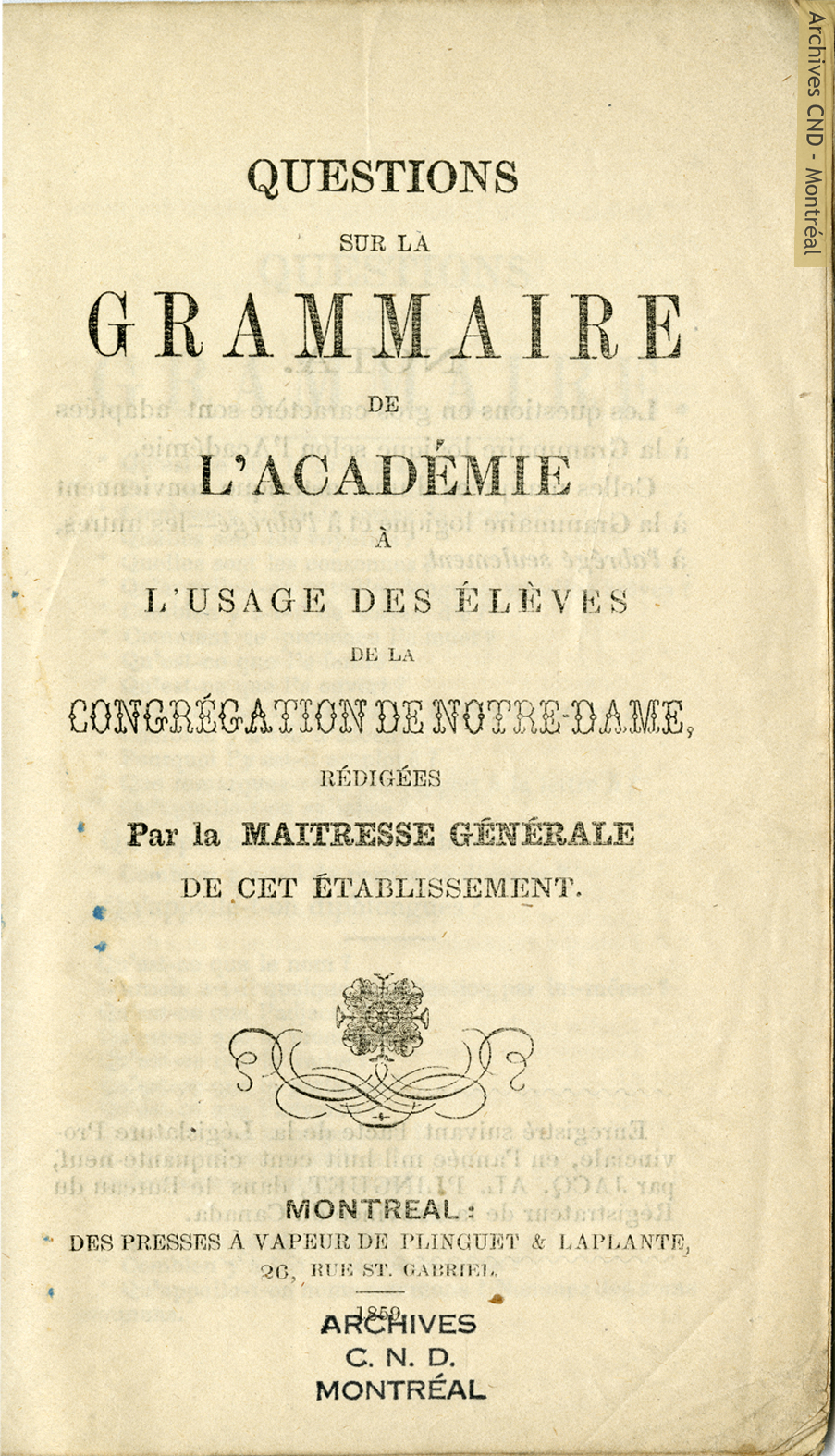 Page couverture - Questions sur la grammaire à l'Académie à l'usage des élèves de la Congrégation de Notre-Dame