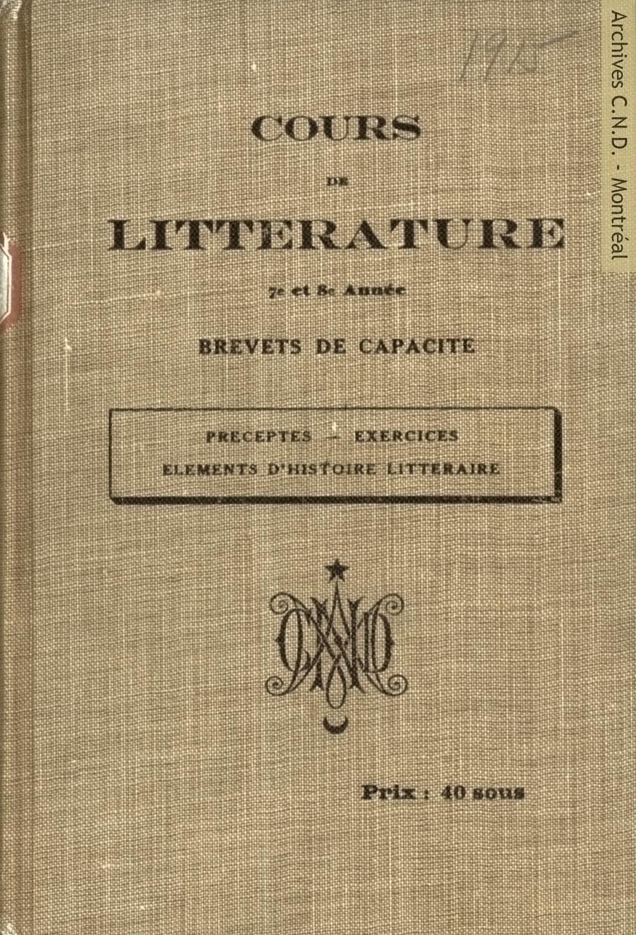 Cover page - Cours de littérature -7e et 8e année - Brevet de capacité (文学、7年生～8年生の能力検定講座）
