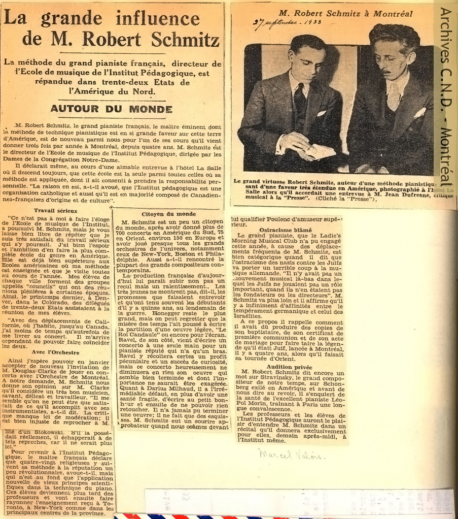 Article entitled "La grande influence de M. Robert Schmitz" taken from the newspaper La Presse