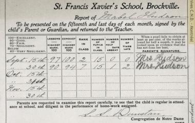 Boletín escolar mensual de la Señorita Mabel Hudson de la Saint Francis Xavier School