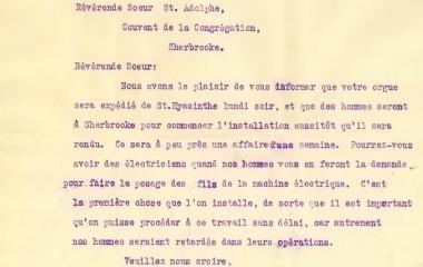 Carta de los Hermanos Casavant relacionada a la expedición del órgano pedido por la Capilla de Mont Notre-Dame