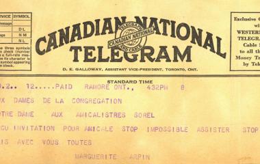 Telegram from Marguerite Arpin notifying the Notre-Dame-des-Grands-Curs de Sorel Association that she will be unable to attend the annual meeting