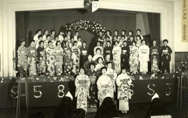 Group of graduates from Sakura no Seibo College dressed in ceremonial kimonos ("Our Lady of the Cherry trees" High School)