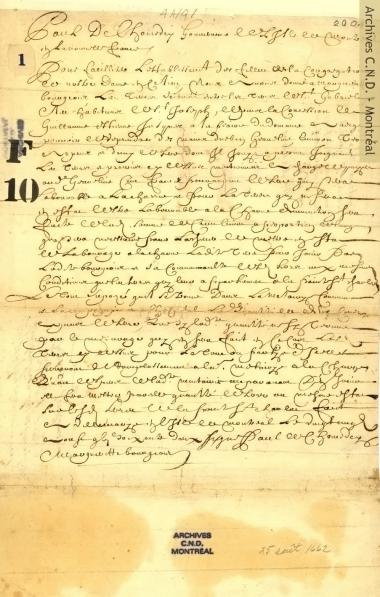 Copie collationnée du contrat d'achat d'une terre à la prairie Saint-Gabriel passé le 25 août 1662 entre Paul de Chomedey de Maisonneuve et Marguerite Bourgeoys
