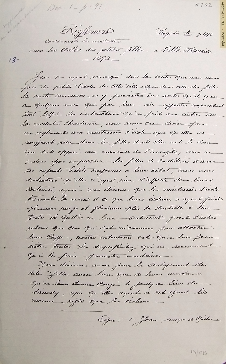 Copia del Reglamento relacionado a la modestia en las escuelas de las niñas en Ville-Marie emitido por Mons. Jean-Baptiste de Lacroix de Chevrières de Saint-Vallier