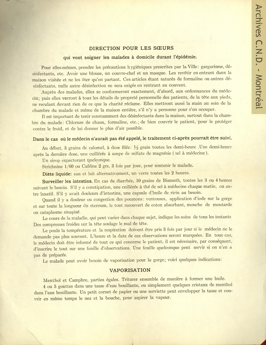Directions for the Sisters who will care for the sick at home during the Spanish Flu pandemic