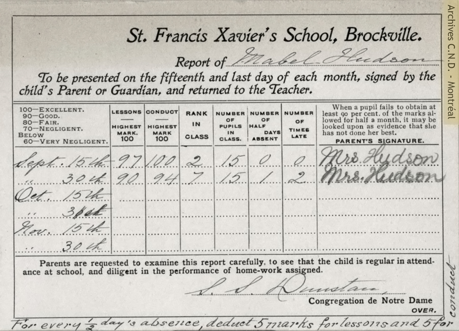 Bulletin scolaire mensuel de Mlle Mabel Hudson de la Saint Francis Xavier School