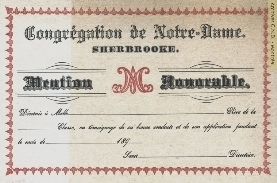 Certificate of honourable mention for the students of the convent