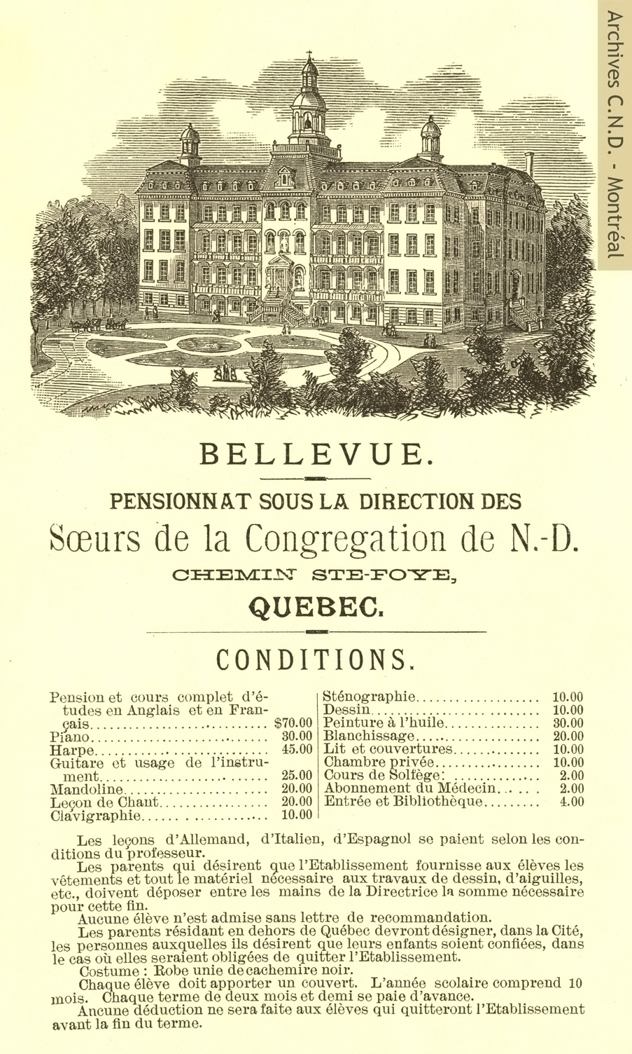 Leaflet from Notre-Dame-de-Bellevue boarding school