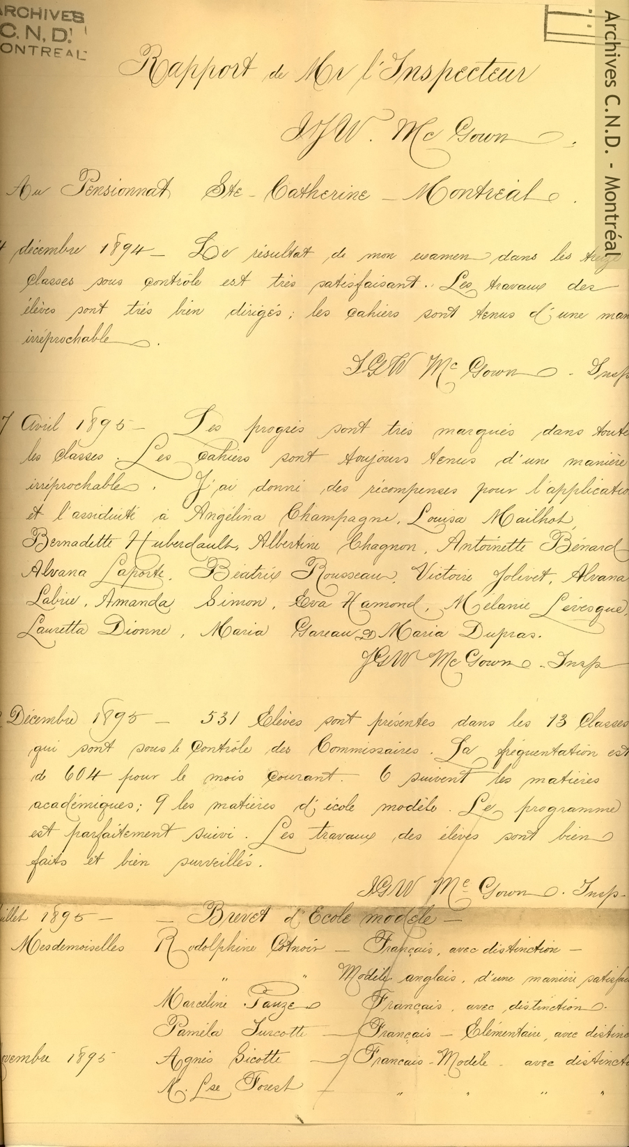 Informe del Señor Inspector I.J.W McGown después de su visita en el Internado Sainte-Catherine