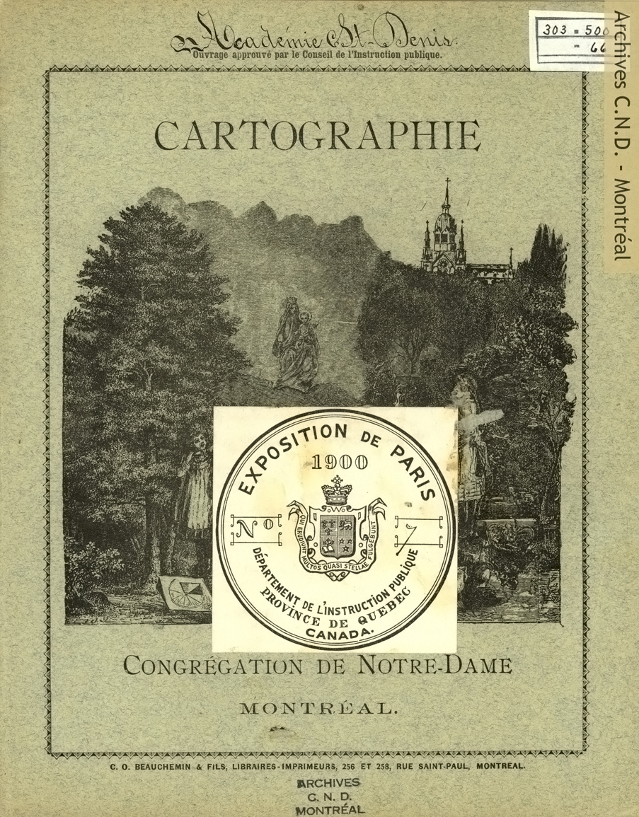 Página frontis y extracto del cuaderno de cartografía publicado por la Congrégation de Notre-Dame presentados en la Exposición Universal de Paris