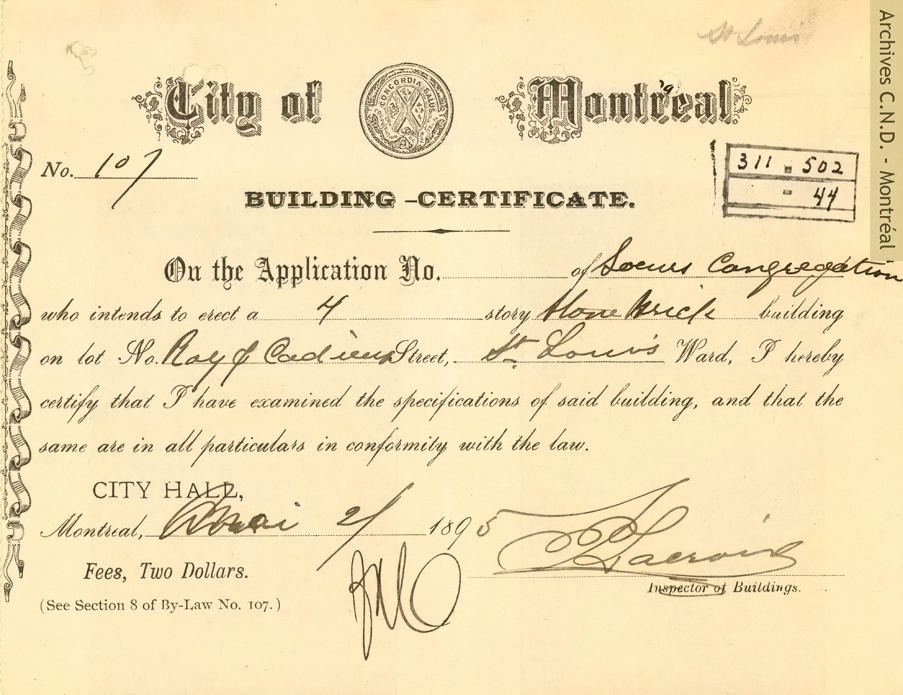 Certificado de inspección de la Ciudad de Montreal por la construcción de la Escuela Saint-Louis