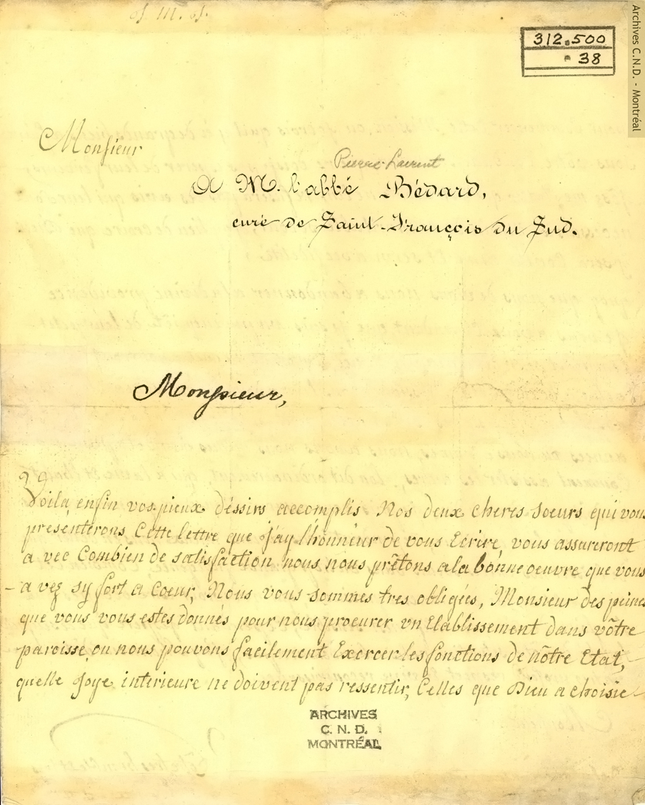 Carta de la madre superiora Saint-Hypolite al Señor Cura Pierre-Laurent Bédard