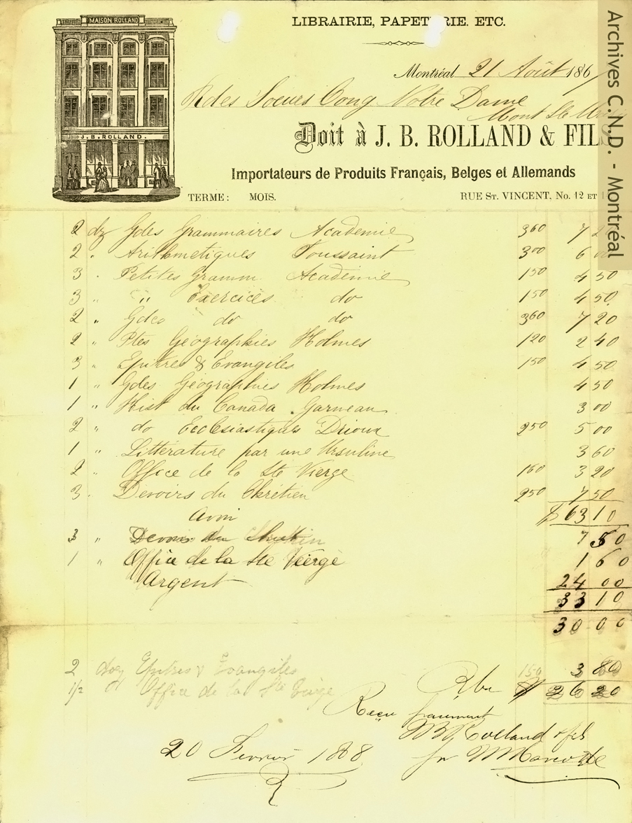 Factura de la librería-papelería J.B. Roland & Fils por compras efectuadas por el Convento Mount Sainte-Marie