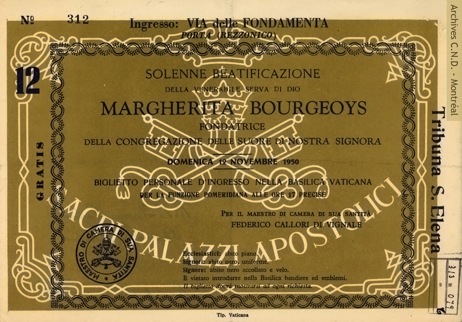 Laissez-passer pour la cérémonie de béatification de Marguerite Bourgeoys à la basilique de Rome