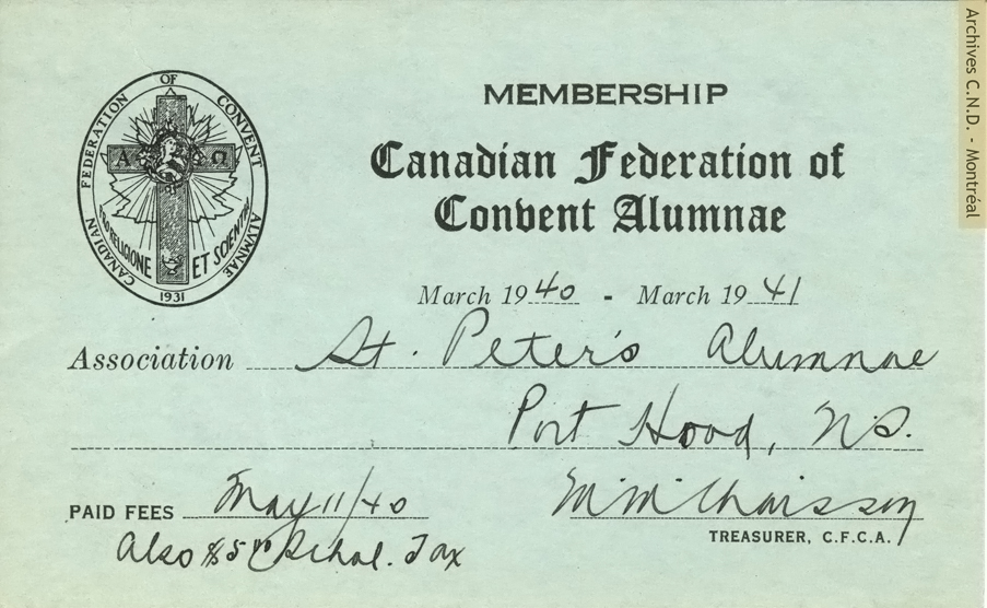 Carta de miembro de la Canadian Federation of Convent Alumni de Saint Peter Alumni,