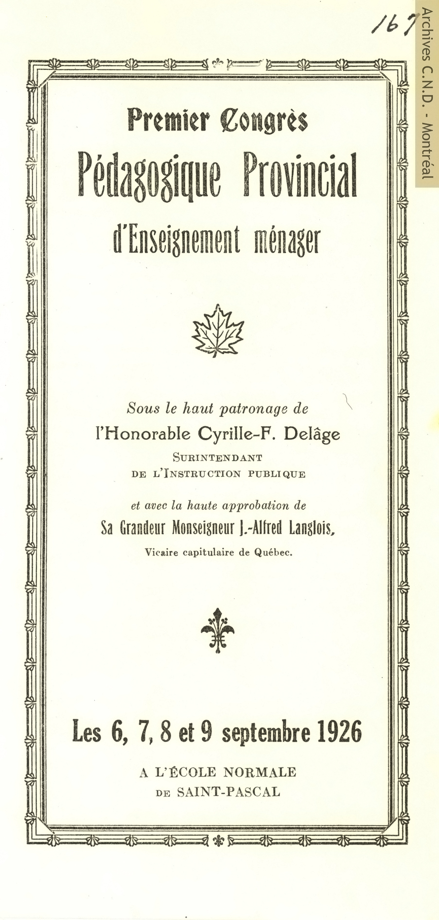 Programme of the first Provincial Pedagogical Congress on Domestic Science at École normale classico-ménagère