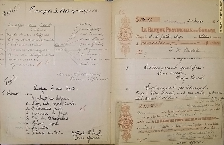 Page taken from the daily homework book on "comptabilité ménagère" (household accounts) of a student in the advanced-level course at École normale classico-ménagère