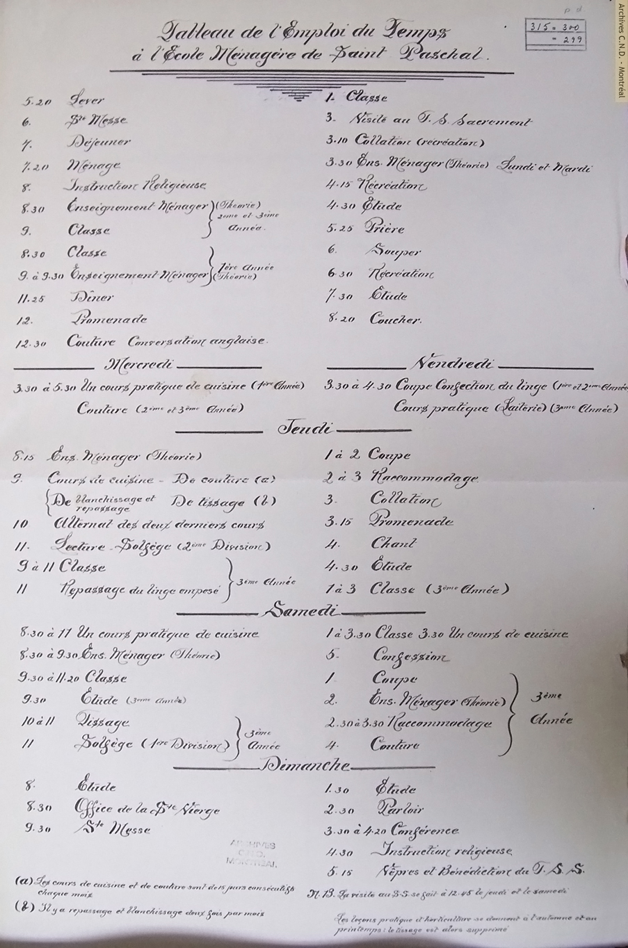 École normale classico-ménagère schedule