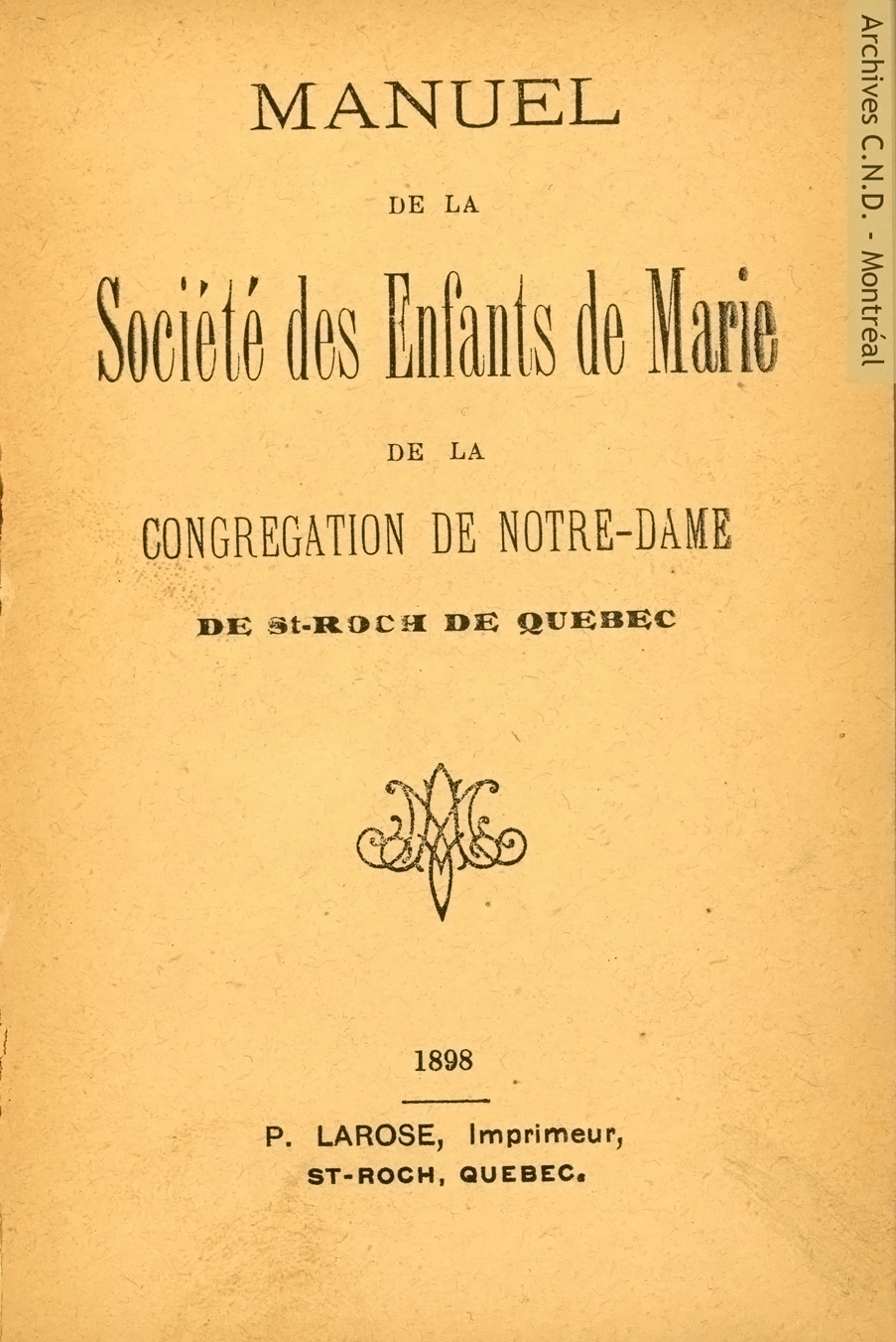 Page frontispice du manuel de la Société des enfants de Marie de la Congrégation de Notre-Dame de Saint-Roch