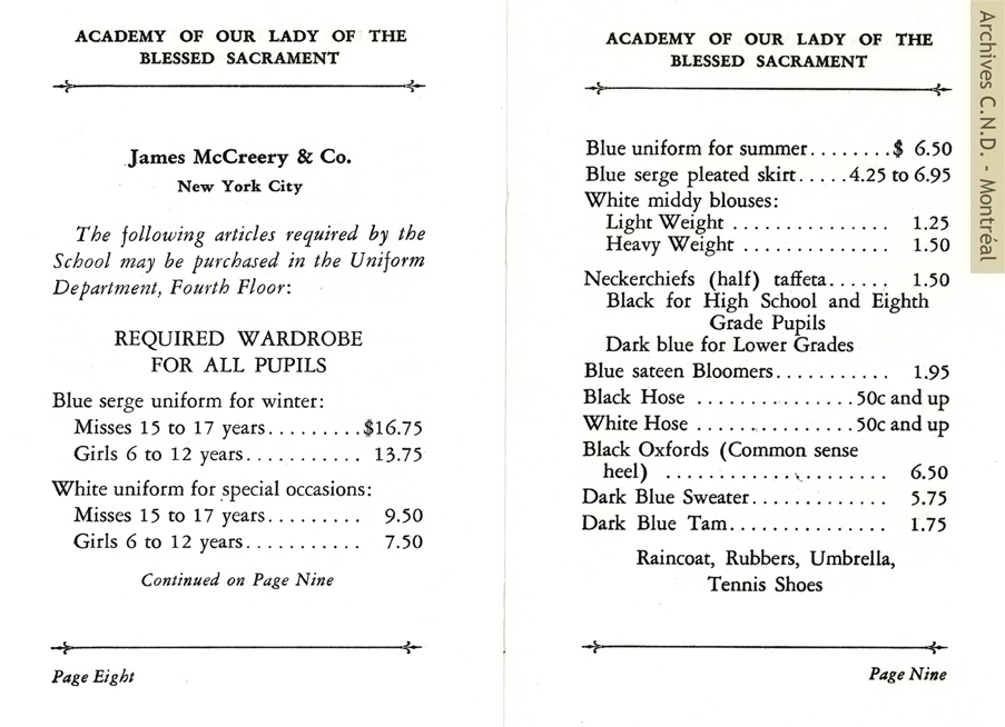 Pages tirées du catalogue de la James McCreery Company, fournisseur des uniformes de l'académie Notre-Dame-du-Saint-Sacrement