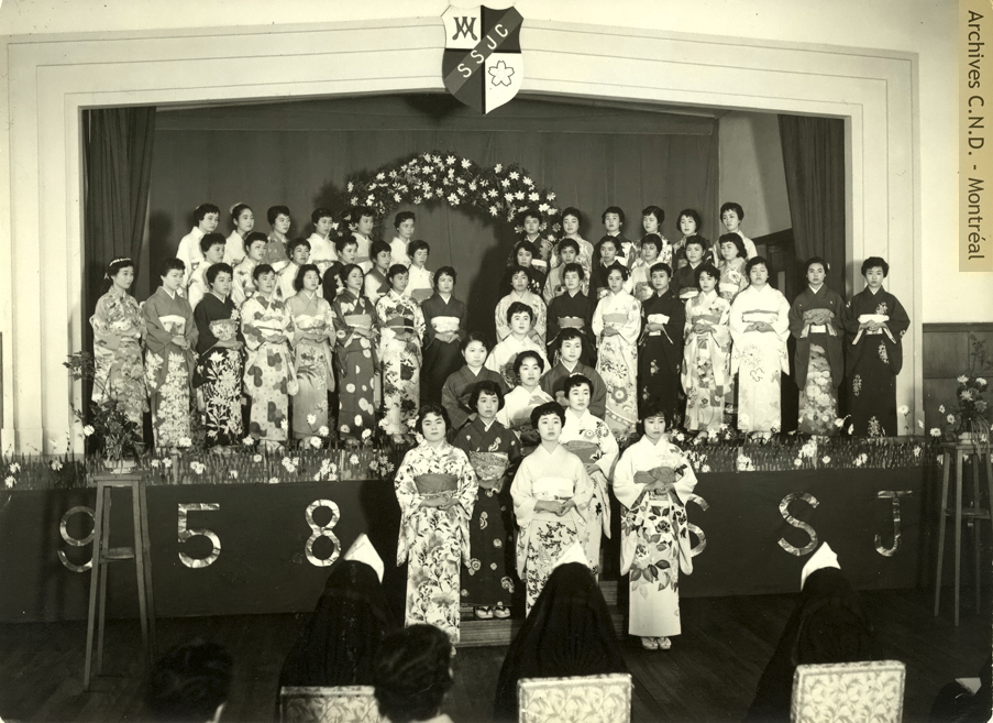 Group of graduates from Sakura no Seibo College dressed in ceremonial kimonos ("Our Lady of the Cherry trees" High School)