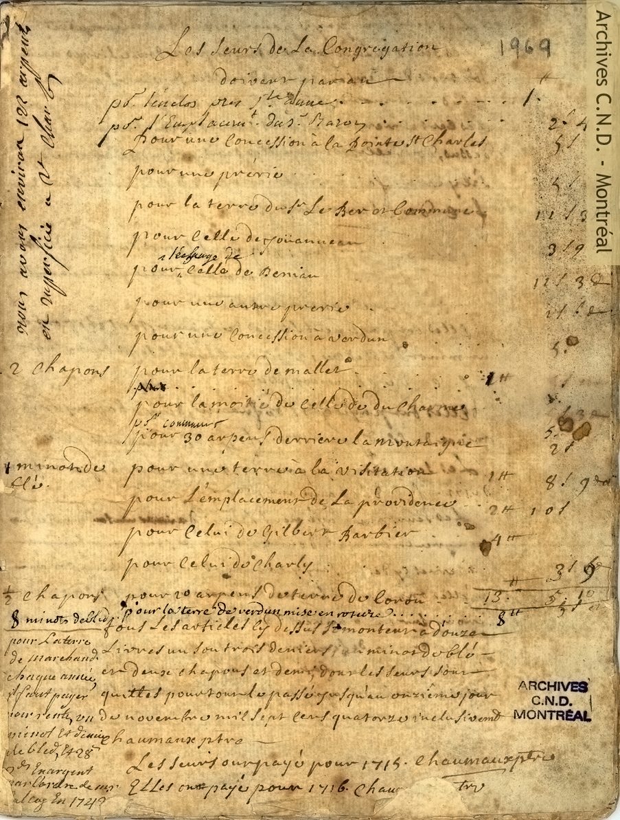 コングレガシオン・ド・ノートルダムがサン・スルピス会とイエズズ会に支払った税金と賃借料の支払い記録書の最初のページ。
