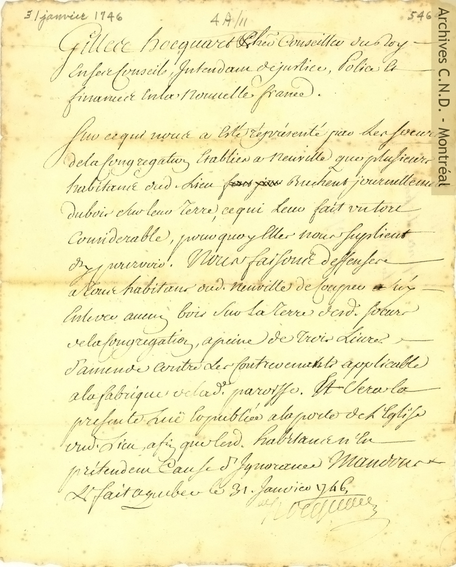 Order from intendant Gilles Hocquart prohibiting the inhabitants of Neuville from cutting wood on the grounds of the Congrégation de Notre-Dame