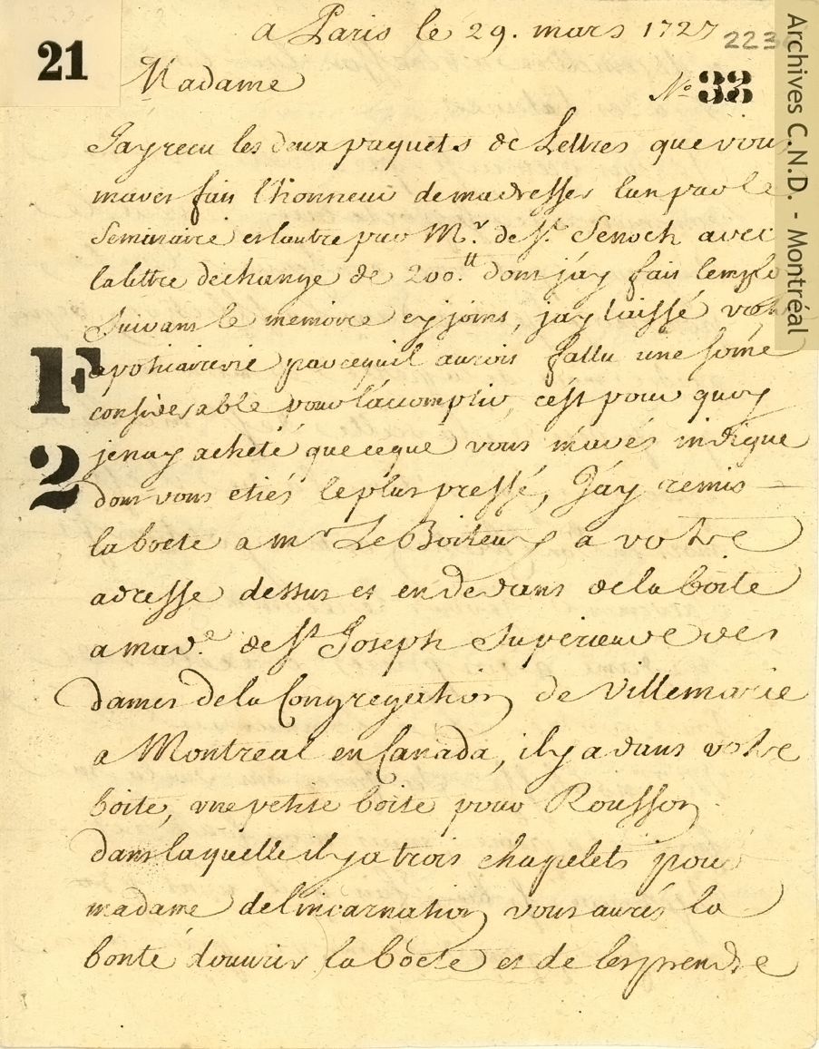 Letter and list of donated items by Madame Le Nobletz, widow of the chargé d'affaires of the Congregation in France