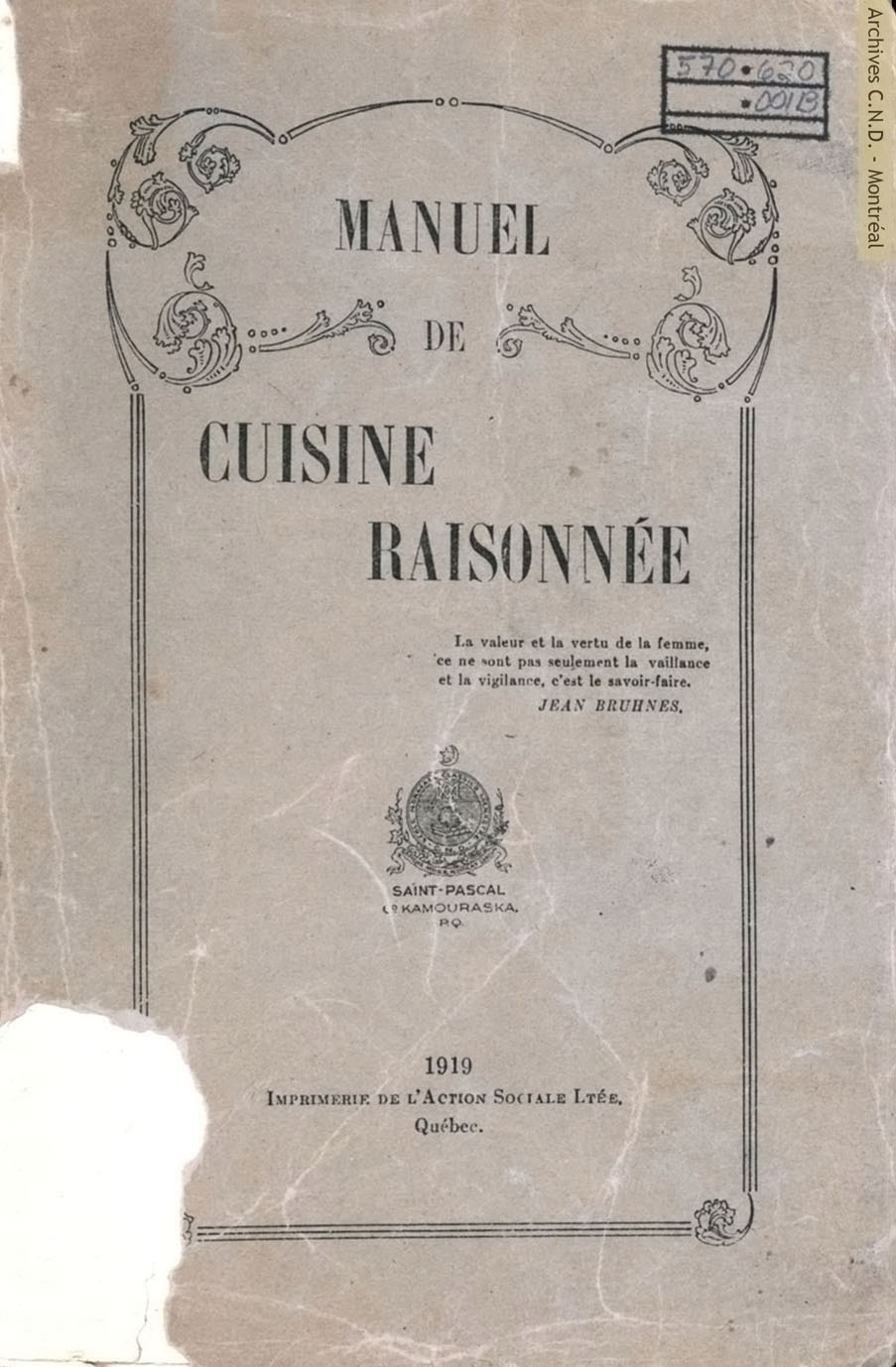 Page couverture - de cuisine raisonnée - Adapté aux élèves des cours élémentaires de l'école normale classico-ménagère de Saint-Pascal