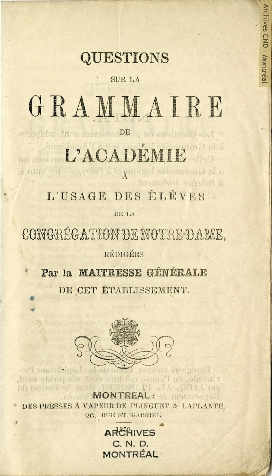 Questions sur la grammaire à l'Académie à l'usage des élèves de la Congrégation de Notre-Dame - página título