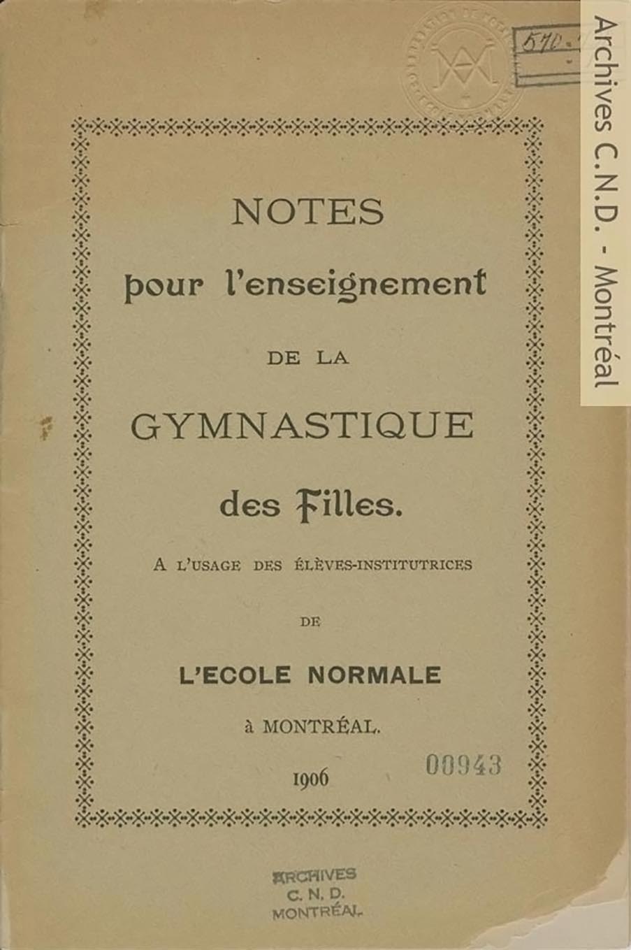 Cover page - Notes pour l'enseignement de la gymnastique des filles - À l'usage des élèves-institutrices de l'École normale à Montréal