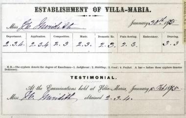 Exam results for Miss Meredith, student at Villa Maria boarding school