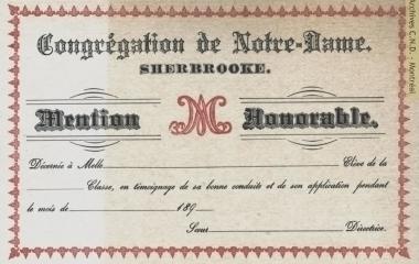 Certificate of honourable mention for the students of the convent