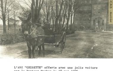 Notre-Dame-de-Bellevue boarding school students riding in a carriage pulled by the donkey, Grisette