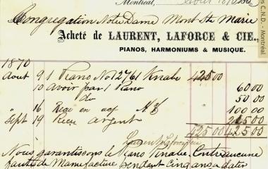 Facture du magasin Laurent, Laforce et cie pour l'achat d'un piano destiné au Mont Sainte-Marie