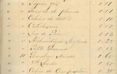 Page taken from an account book of a student at Mont Sainte-Marie for the purchase of school supplies