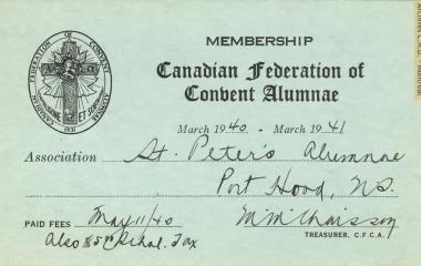 Carta de miembro de la Canadian Federation of Convent Alumni de Saint Peter Alumni,