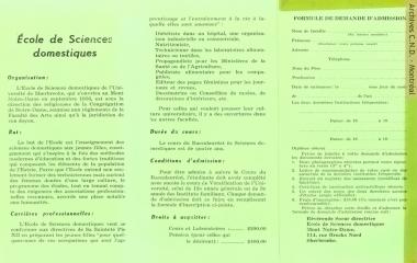 Registration leaflet for École des sciences domestiques