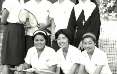 Sister Sainte-Maria-Rosarii (Agatha Kétake Nakajima) and a few girls from her tennis class at Sakura no Seibo High School ("Our Lady of the Cherry trees" High School)