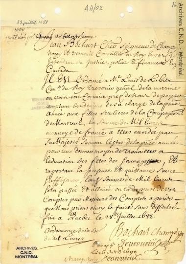 Authorization for a one thousand pound gratuity for the Sisters of the Congrégation de Notre-Dame for the education of young Amerindian girls